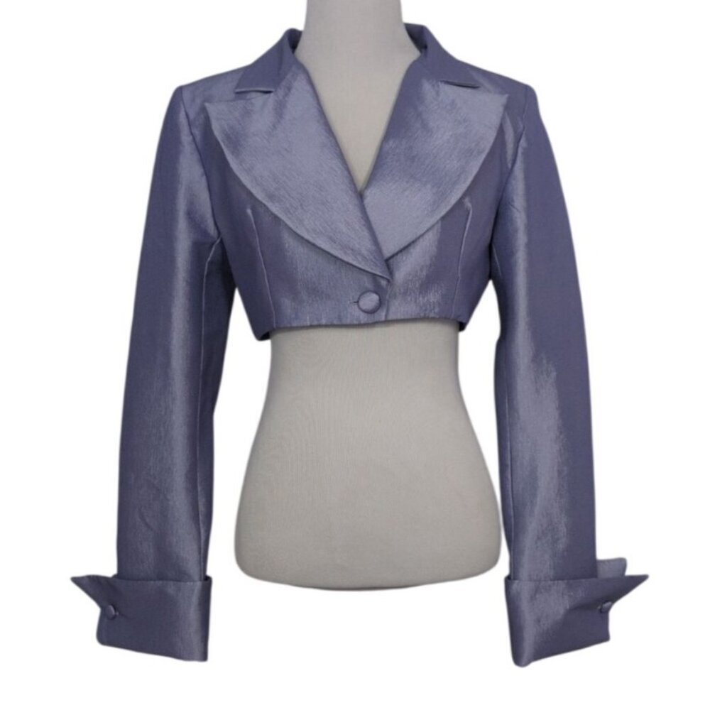 Ellae Lisque Satin Cropped Jacket Womens Size Medium Purple Stretch 1 Button NEW